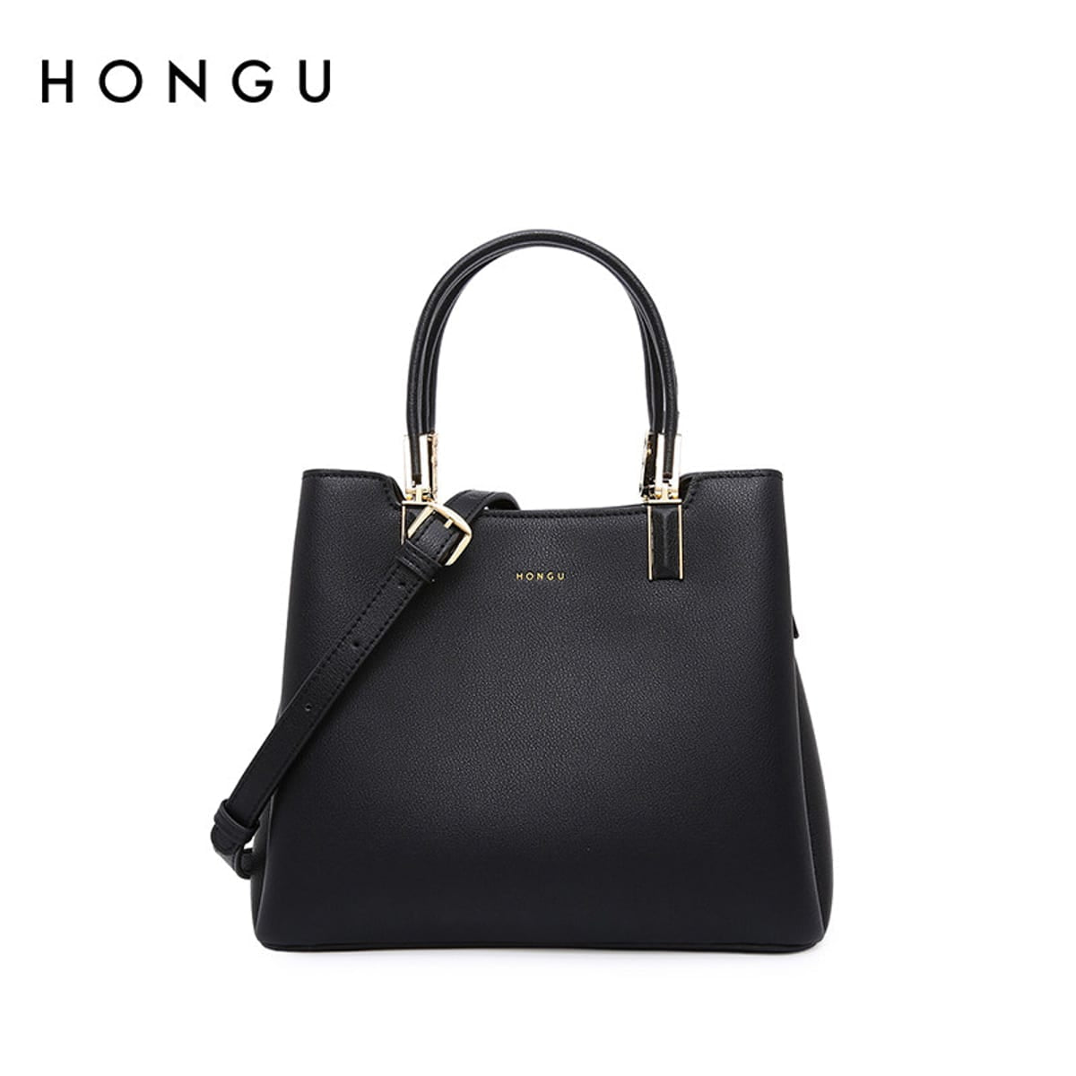 HONGU Structured Split Leather Handbag in Black