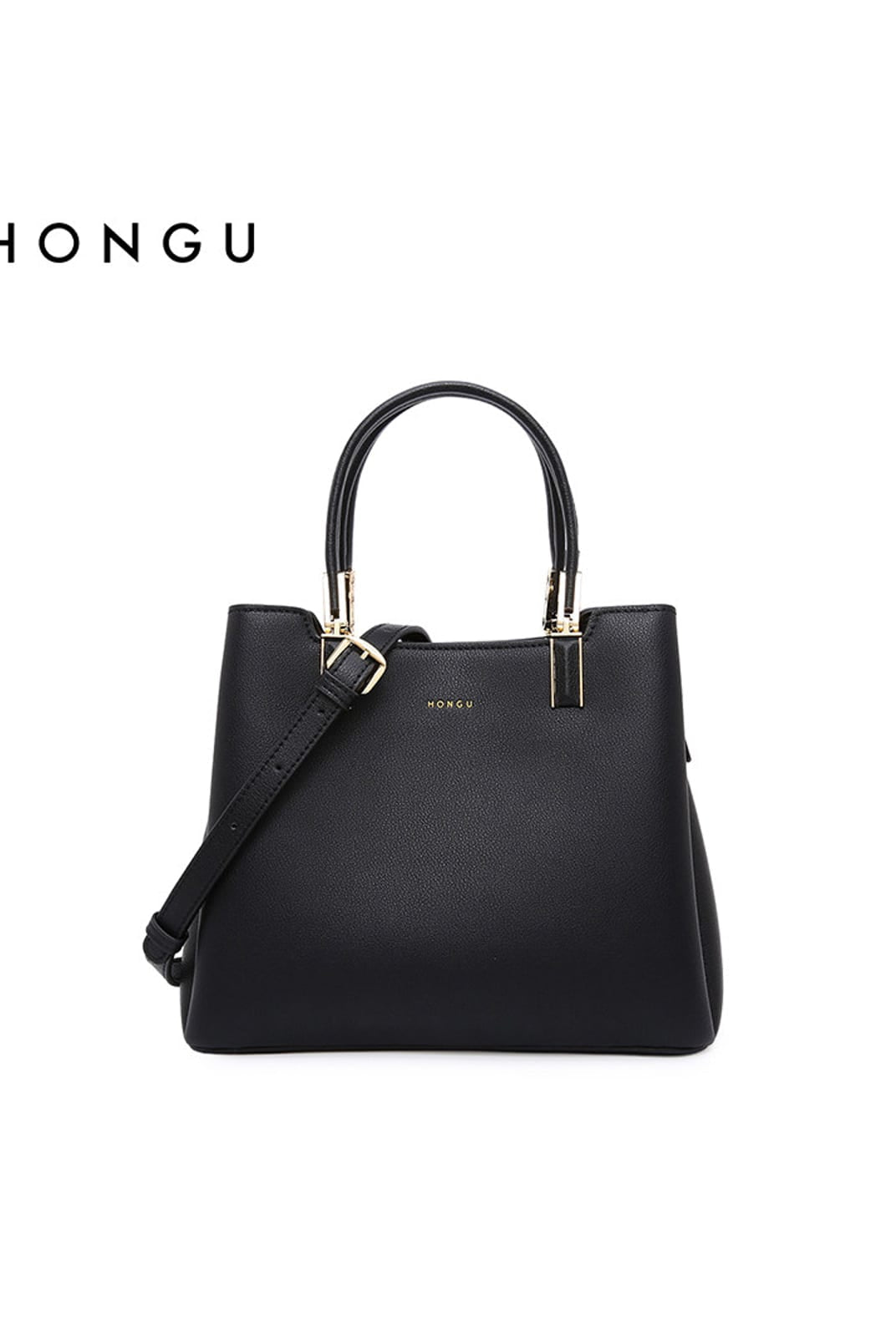 HONGU Structured Split Leather Handbag in Black