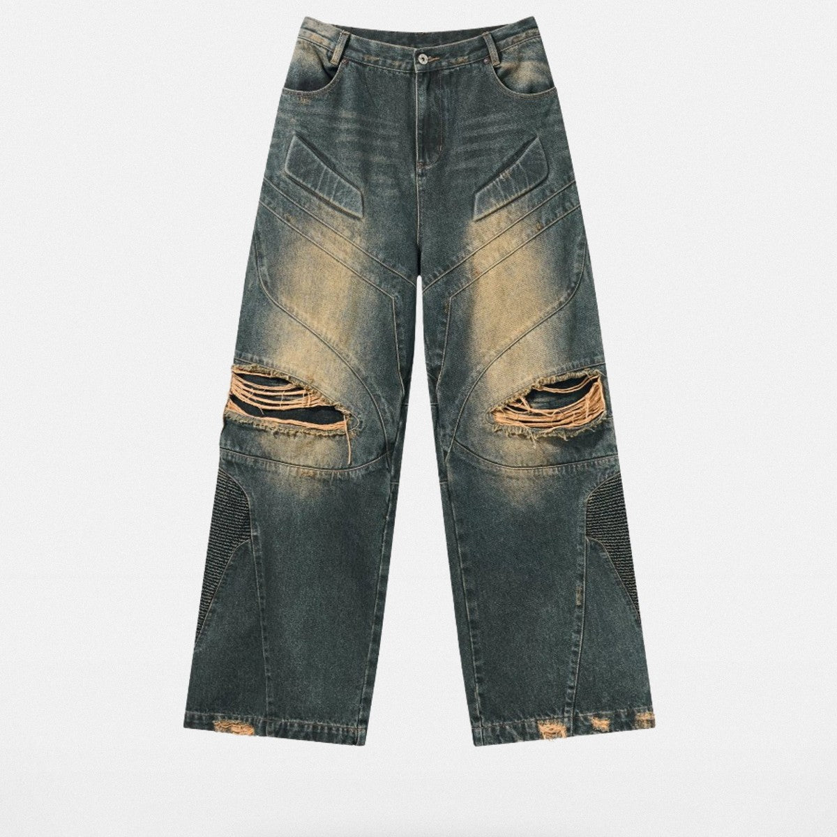 BLINDNOPLAN Distressed Paneled Denim Jeans in Denim