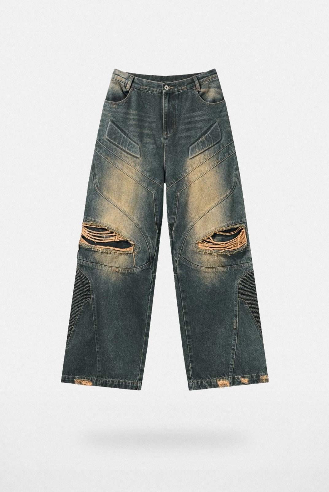 BLINDNOPLAN Distressed Paneled Denim Jeans in Denim