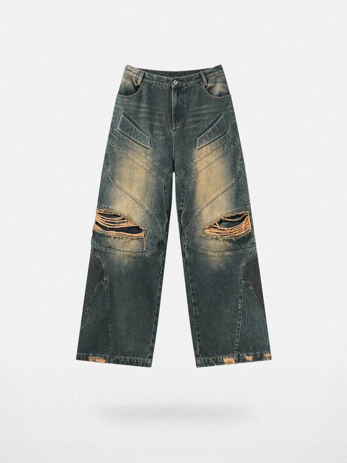 BLINDNOPLAN Distressed Paneled Denim Jeans in Denim
