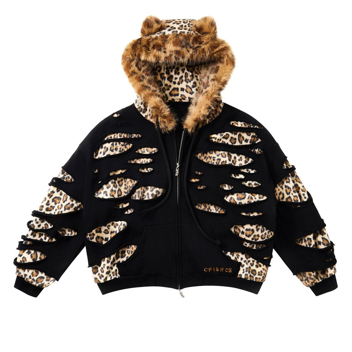 CFIERCE Distressed Leopard Zip Hoodie in Black