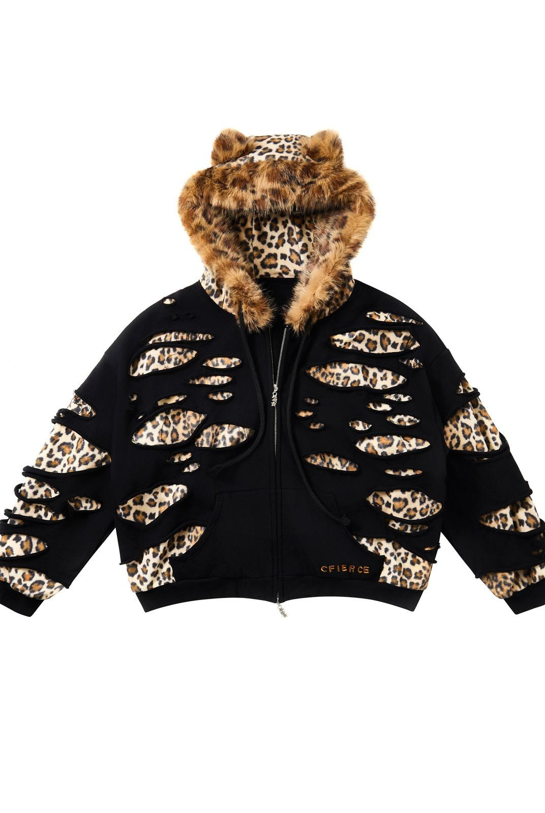 CFIERCE Distressed Leopard Zip Hoodie in Black