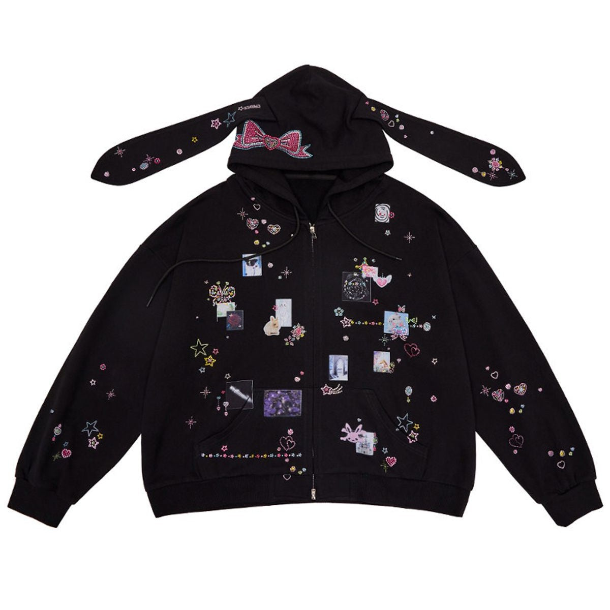 CFIERCE Bunny Ear Rhinestone Zip Hoodie in Black