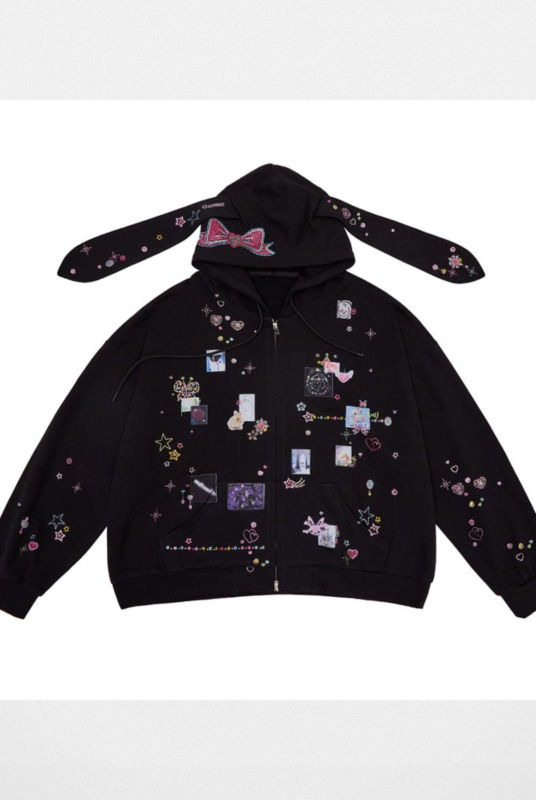 CFIERCE Bunny Ear Rhinestone Zip Hoodie in Black