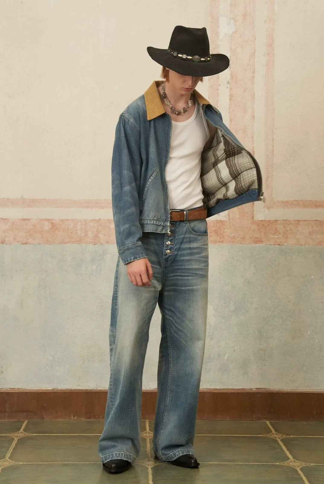 Retro 21 Corduroy Collar Zip Denim Jacket in Blue - On Model