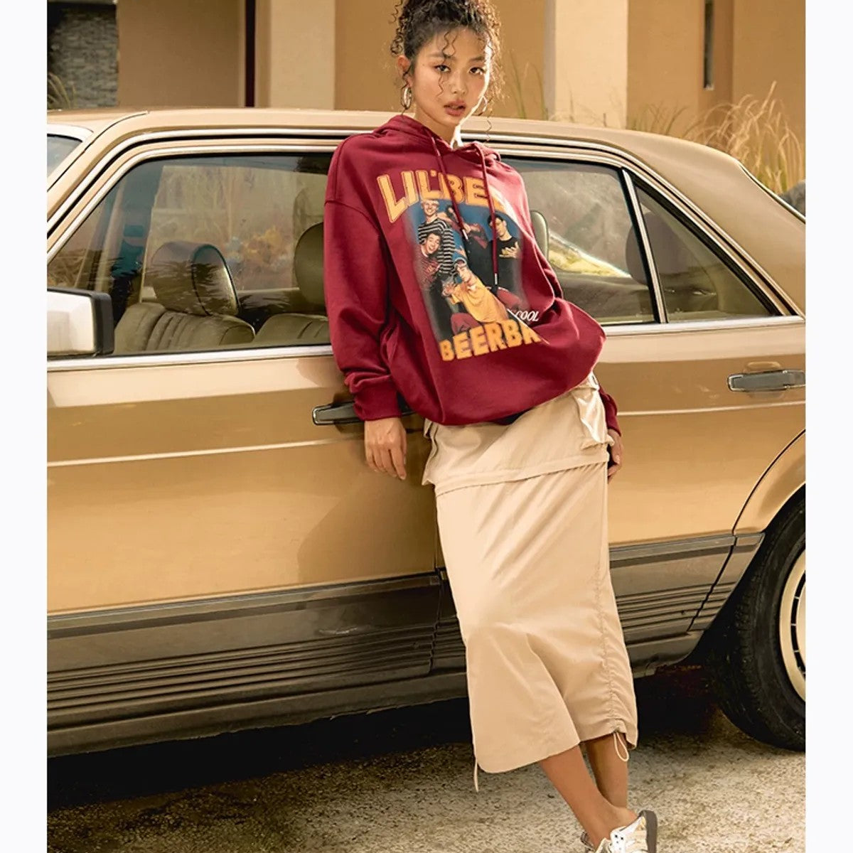 BeerBro Retro Graphic Print Hoodie in Burgundy - On Model