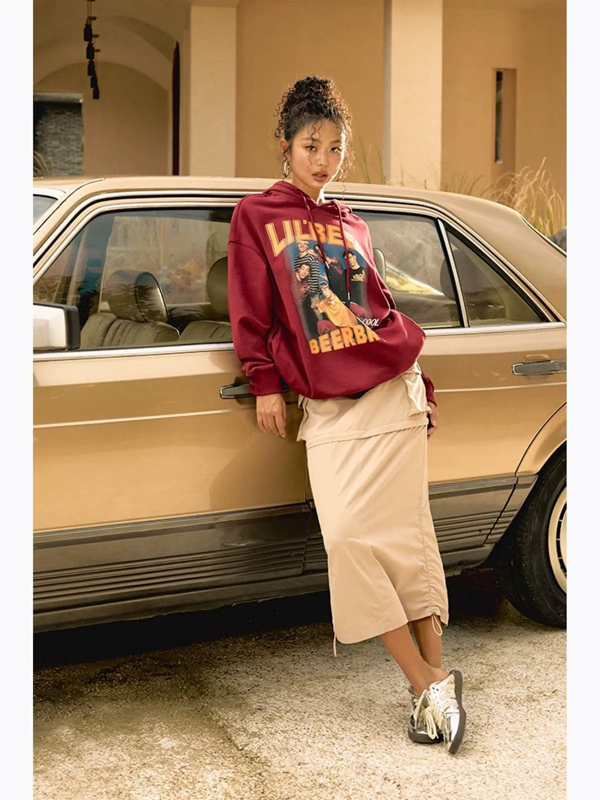 BeerBro Retro Graphic Print Hoodie in Burgundy - On Model