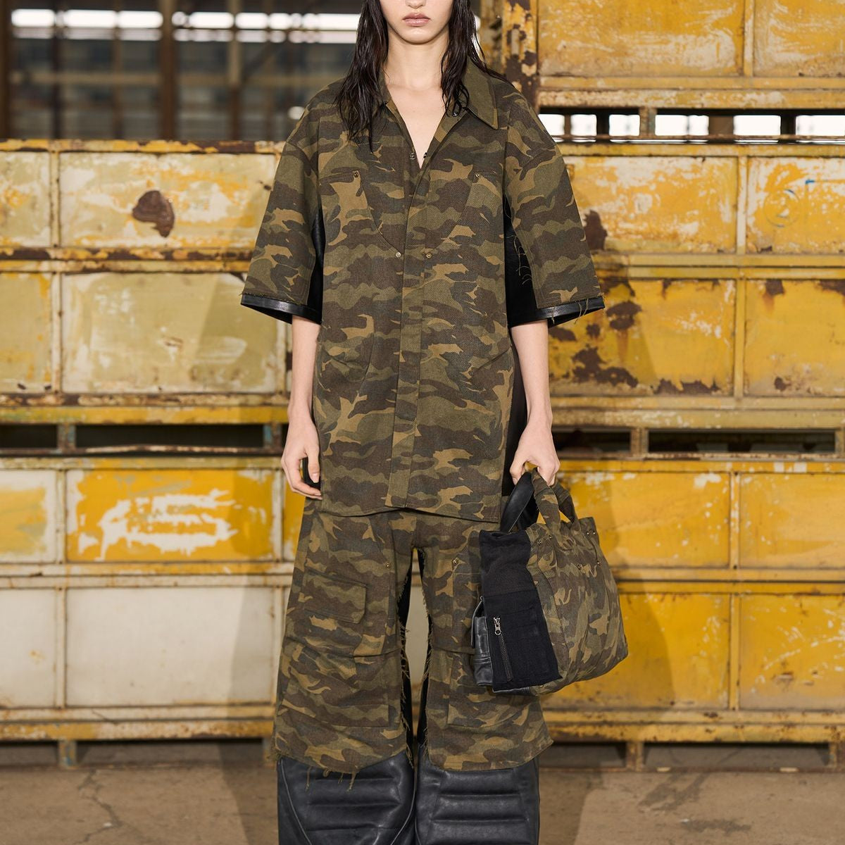 BLINDNOPLAN Camo Spliced Faux Leather Shirt in Olive - On Model