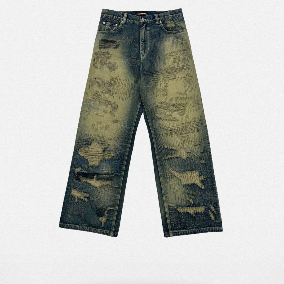 UNKNOWNWORLD Heavyweight Distressed Wide Leg Jeans in Denim
