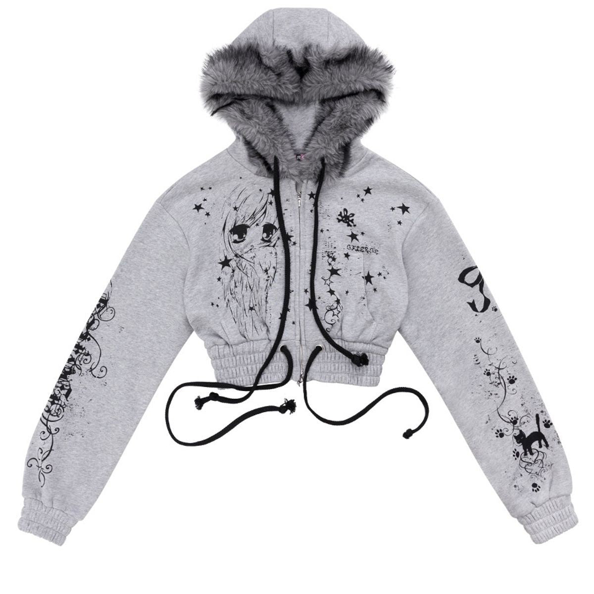 CFIERCE Angel Graffiti Fur Trim Cropped Hoodie in Gray