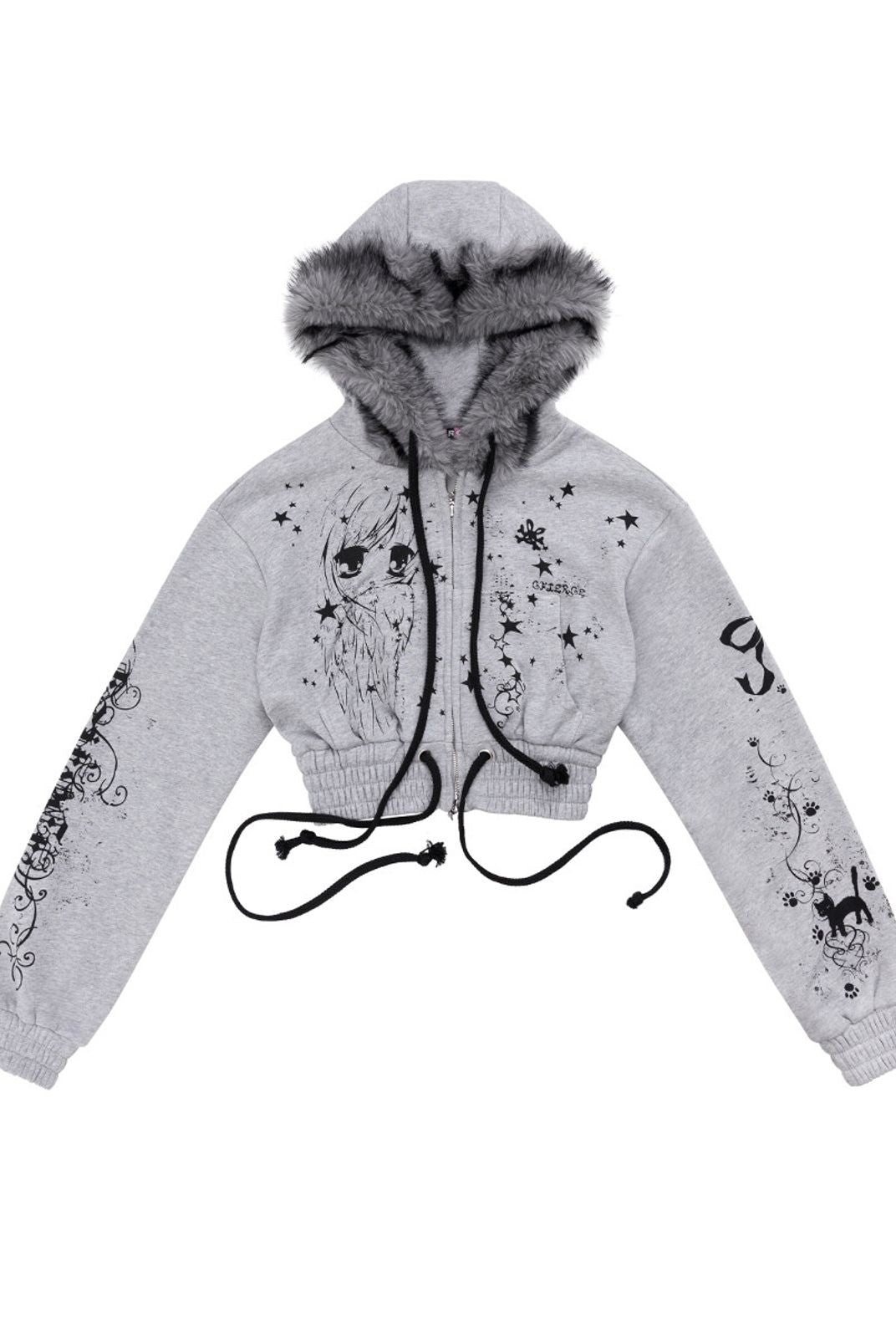 CFIERCE Angel Graffiti Fur Trim Cropped Hoodie in Gray