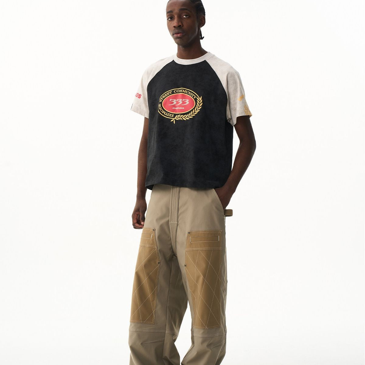 BLINDNOPLAN Contrast Raglan Graphic T Shirt in Black - On Model