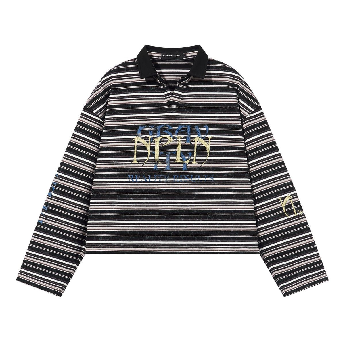 BLINDNOPLAN Washed Striped Crackle Print Polo in Black