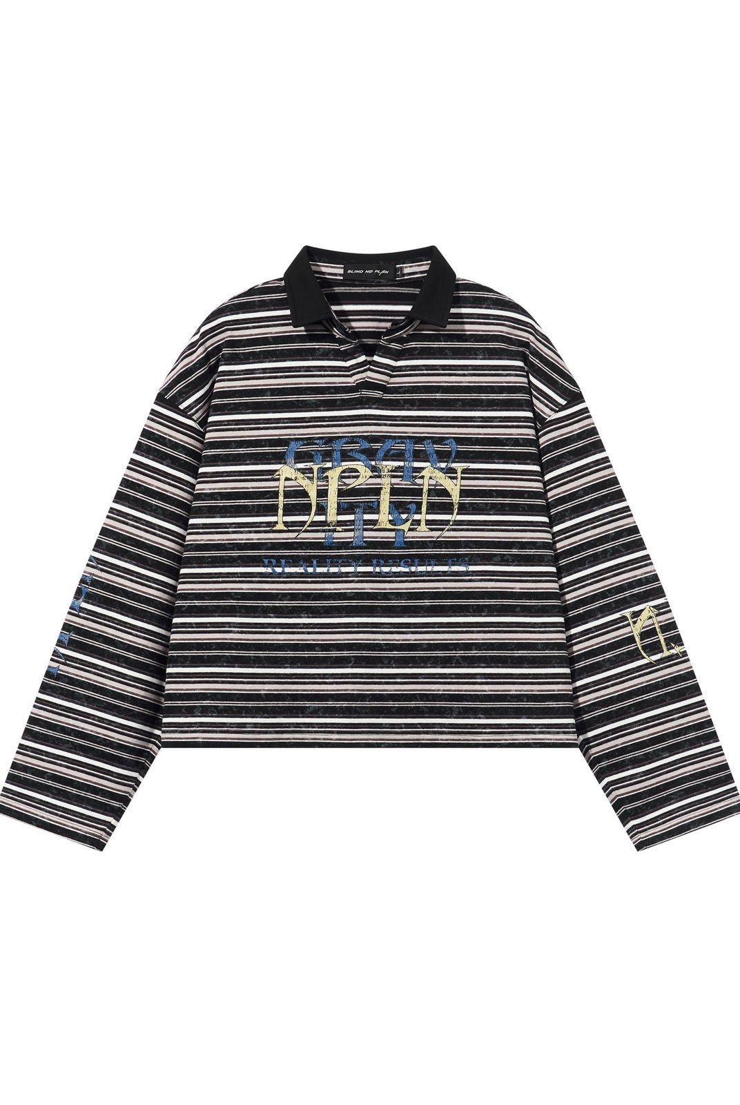 BLINDNOPLAN Washed Striped Crackle Print Polo in Black