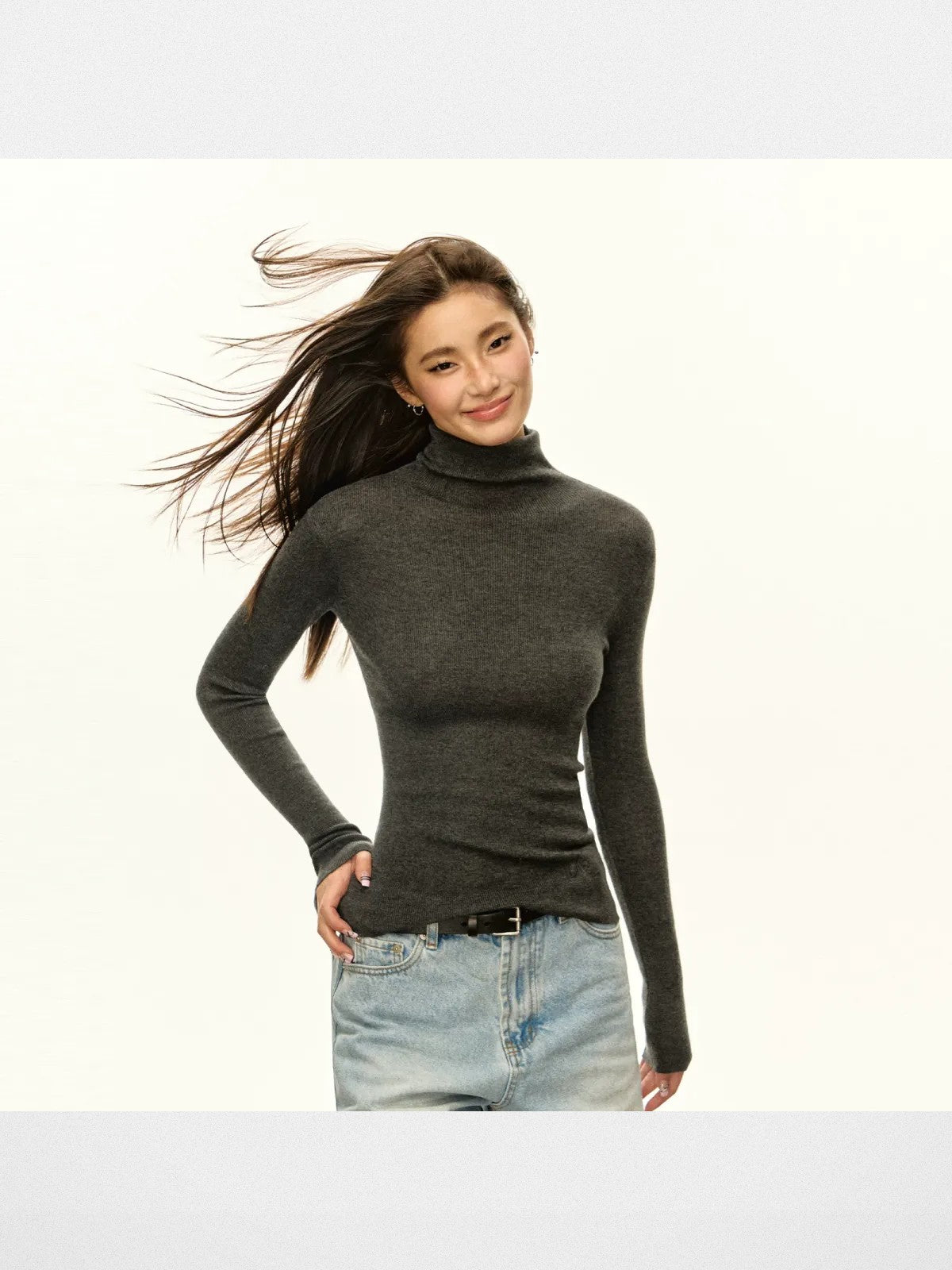 Ariseism Mock Neck Lambswool Blend Sweater in Gray - On Model