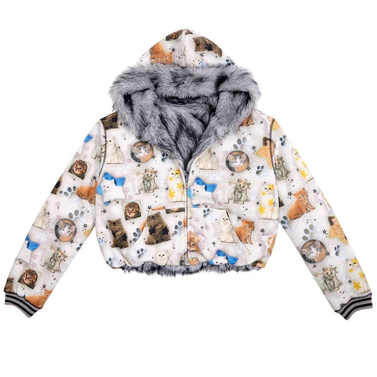 CFIERCE Reversible Cat Print Faux Fur Jacket in White