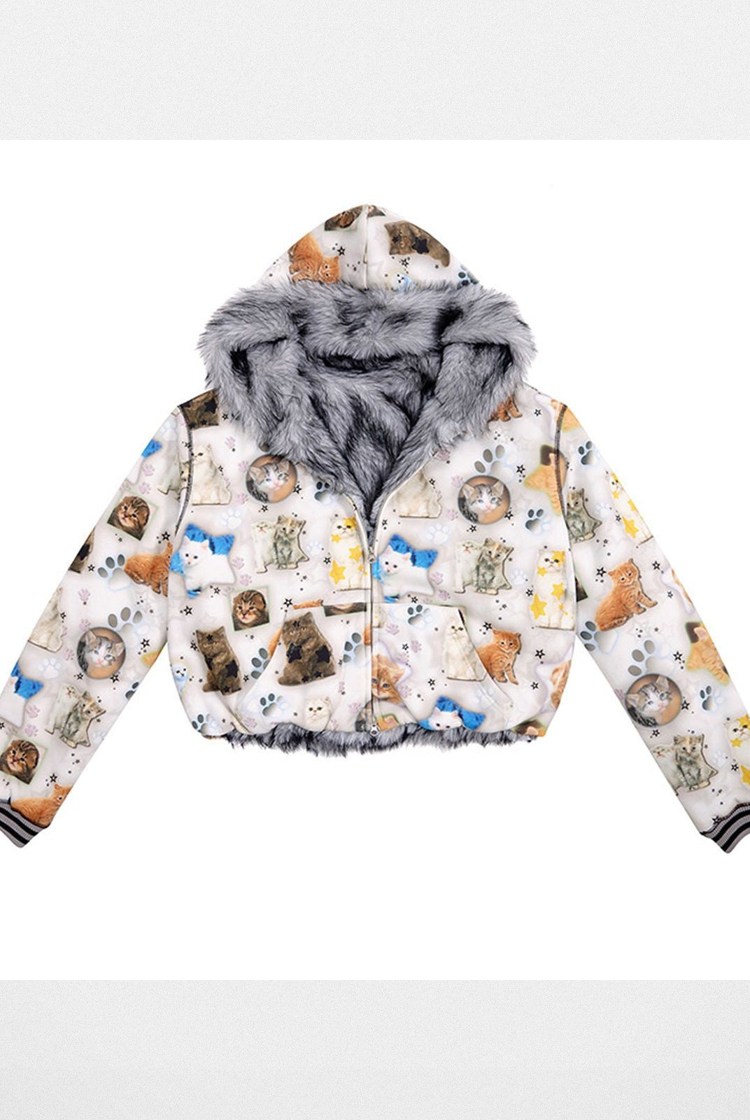 CFIERCE Reversible Cat Print Faux Fur Jacket in White