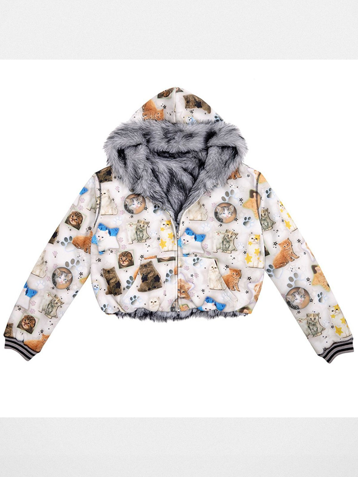 CFIERCE Reversible Cat Print Faux Fur Jacket in White