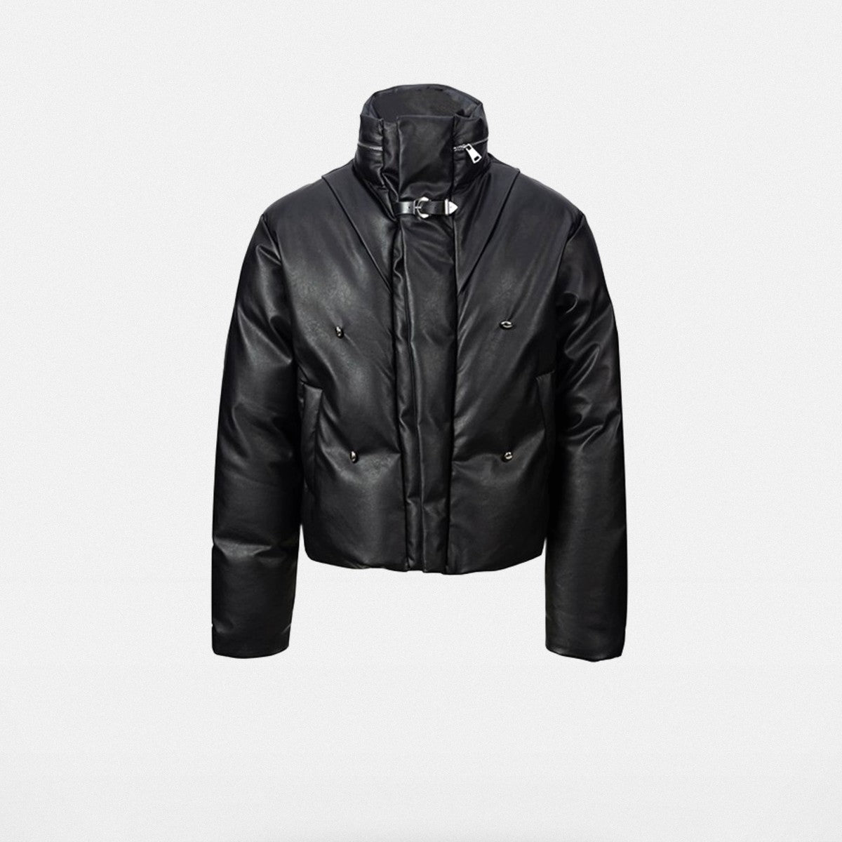 Y OFFICIAL Buckled PU Leather Puffer in Black