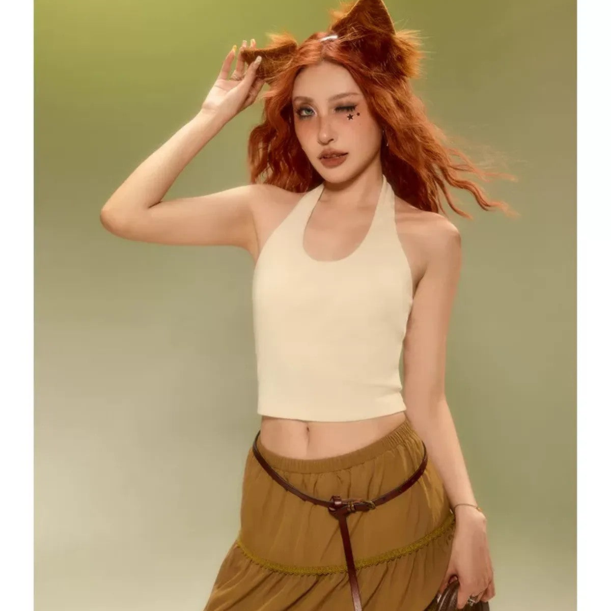 BeerBro Padded Halter Neck Crop Top in Cream - On Model