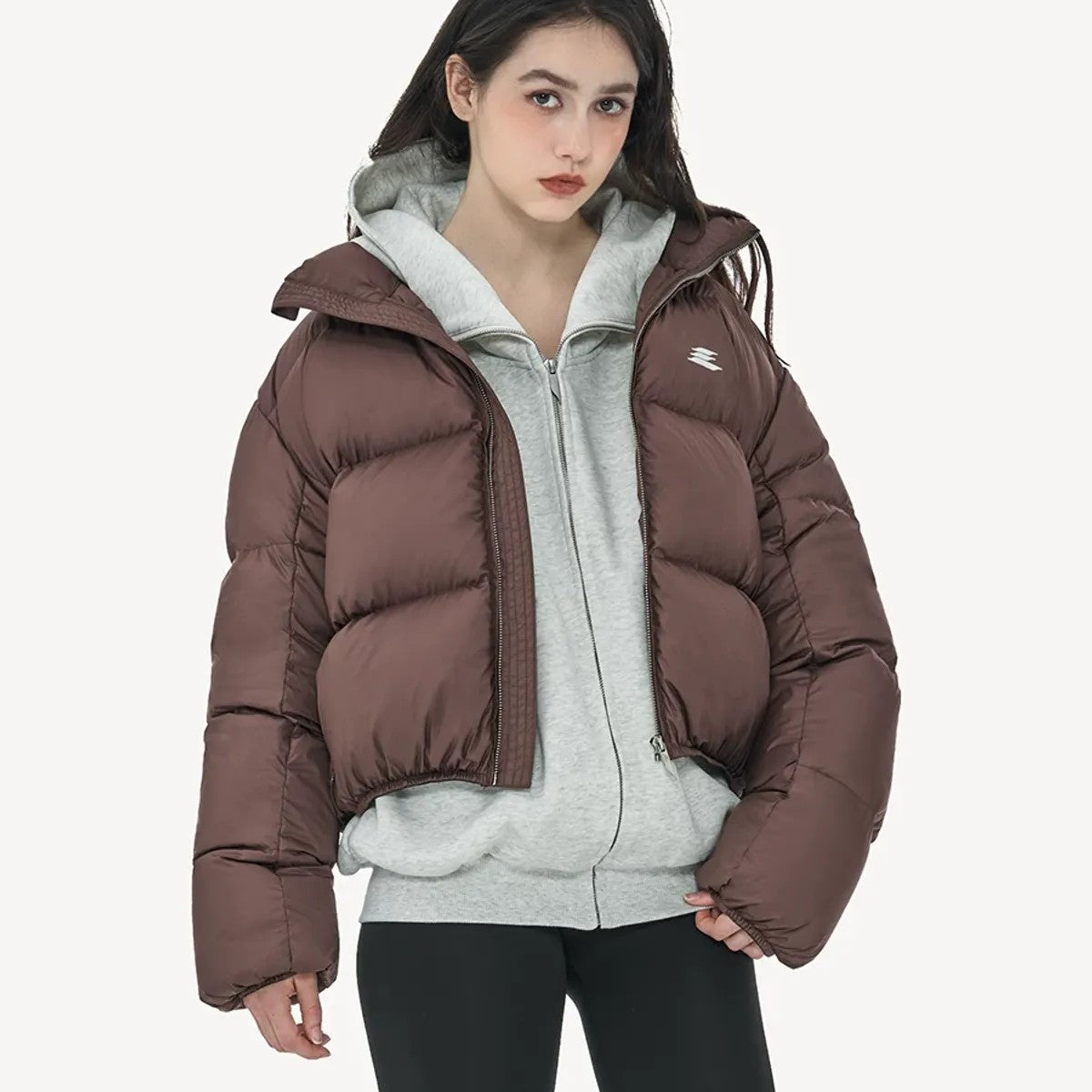 LOSTCTRL Cropped Down Puffer Jacket in Brown - On Model