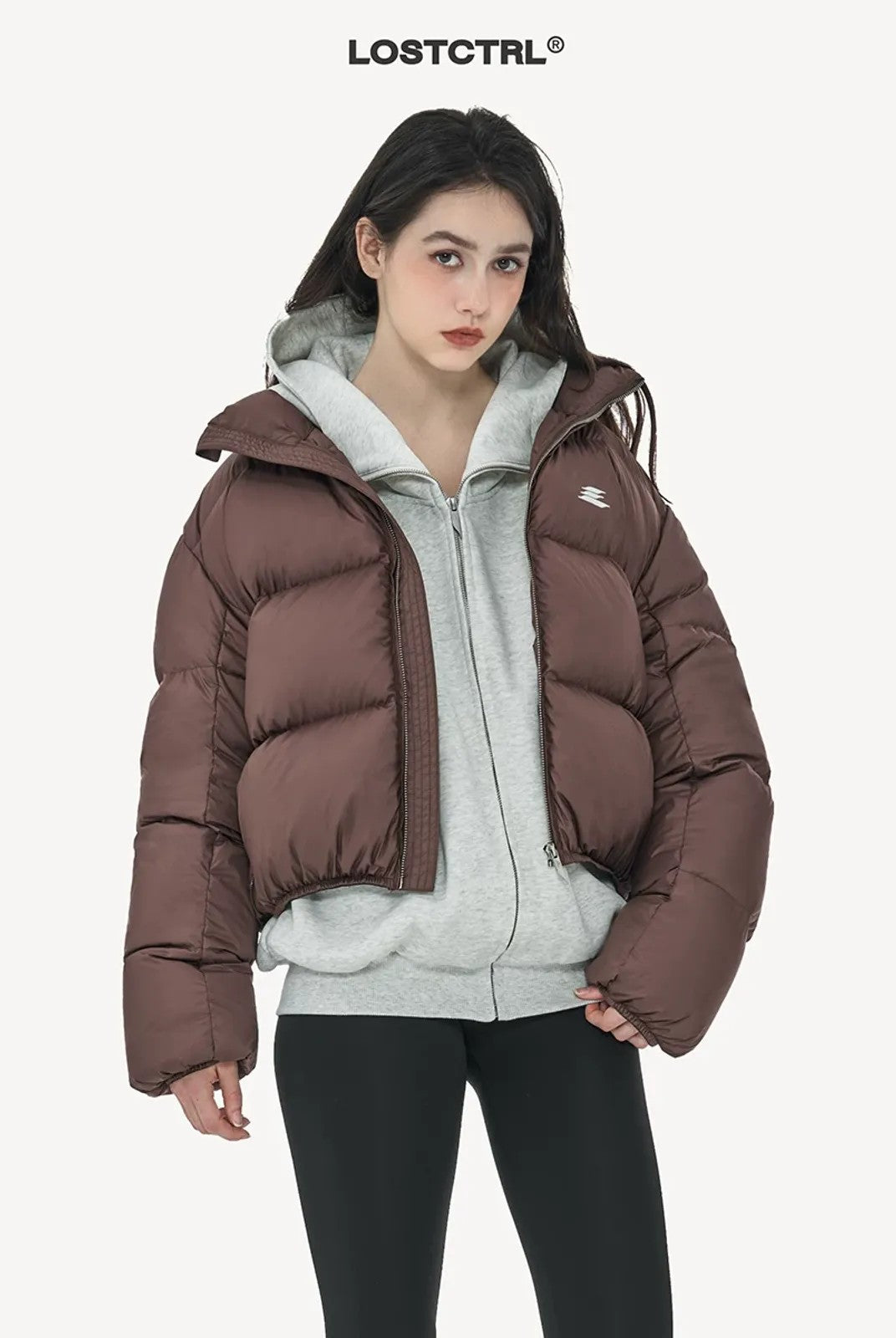 LOSTCTRL Cropped Down Puffer Jacket in Brown - On Model