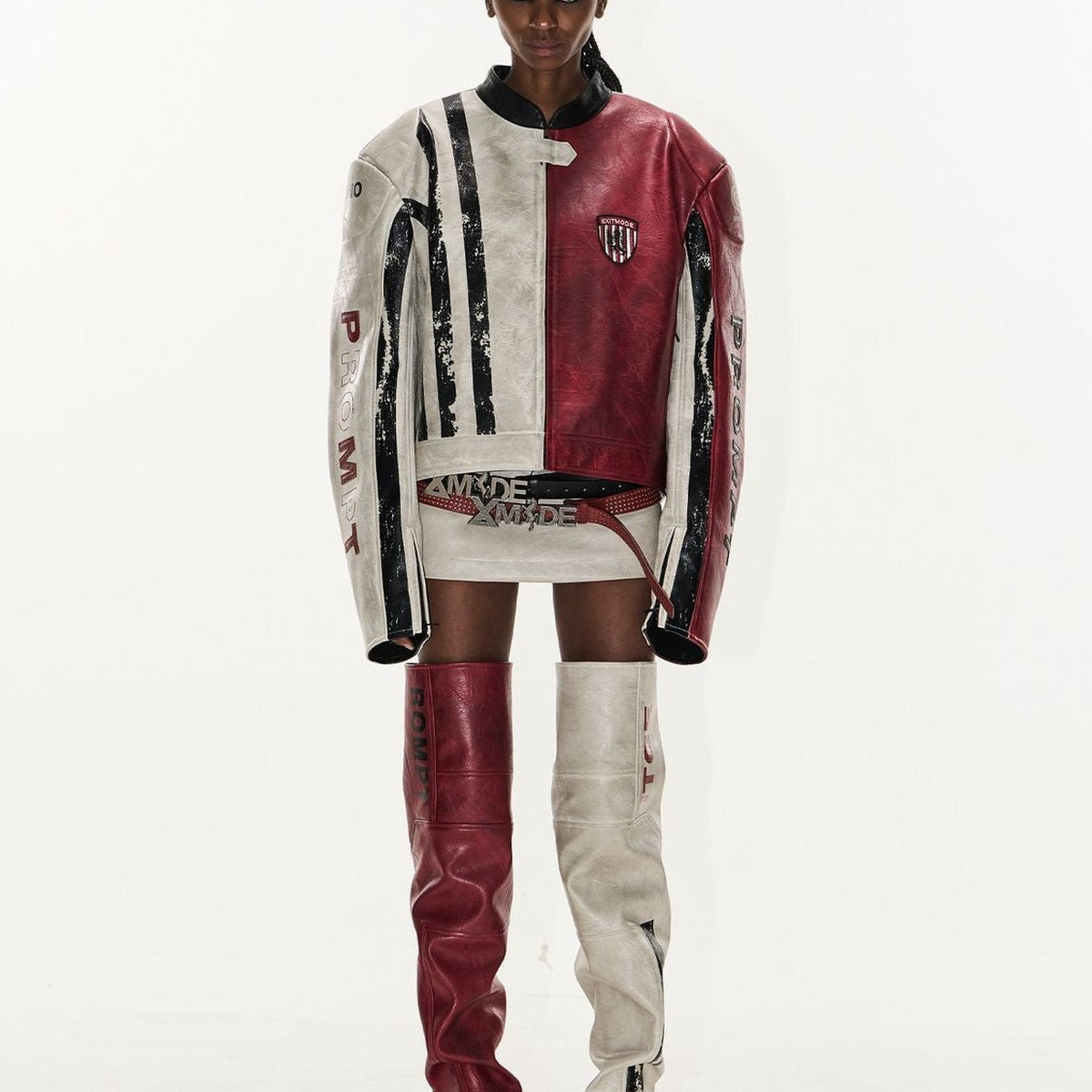 BLINDNOPLAN Distressed Faux Leather Racer Jacket in White