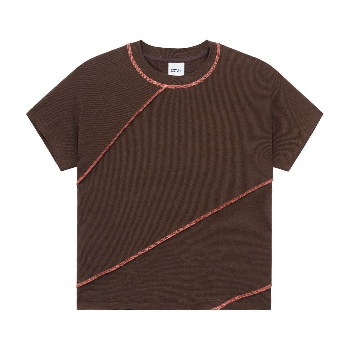 Simple Project Spiral Contrast Stitch Ribbed Tee in Brown