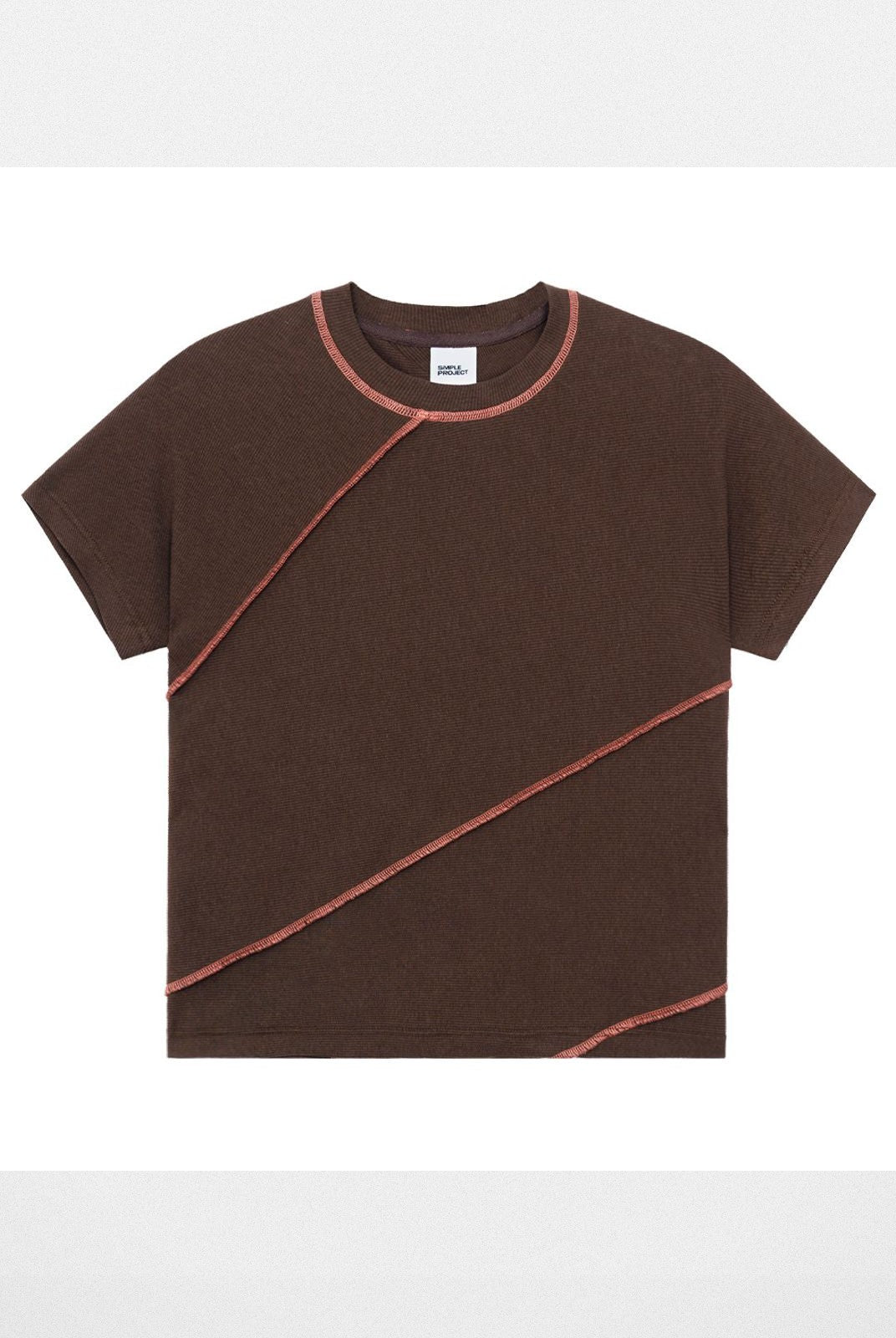 Simple Project Spiral Contrast Stitch Ribbed Tee in Brown