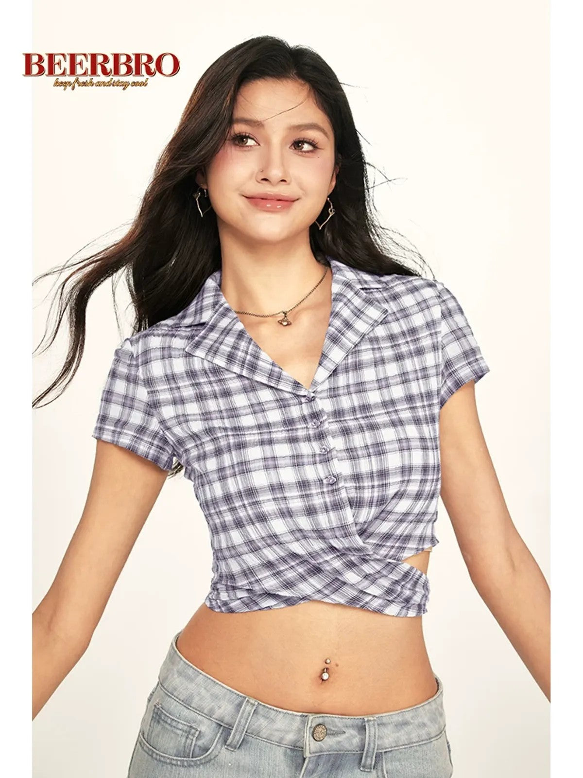 BeerBro Plaid Cross Front Crop Shirt in Lavender - On Model