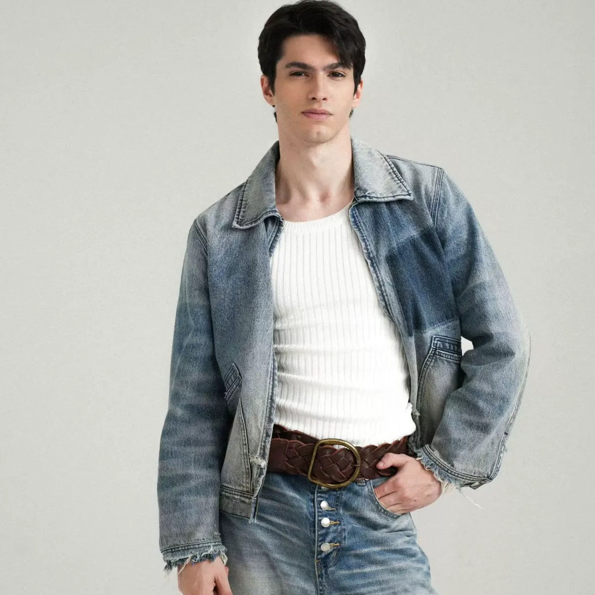 Retro 21 Gradient Distressed Denim Zip Jacket in Blue - On Model