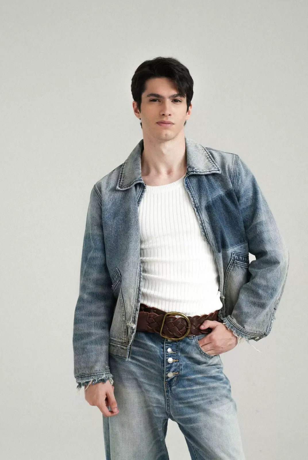 Retro 21 Gradient Distressed Denim Zip Jacket in Blue - On Model