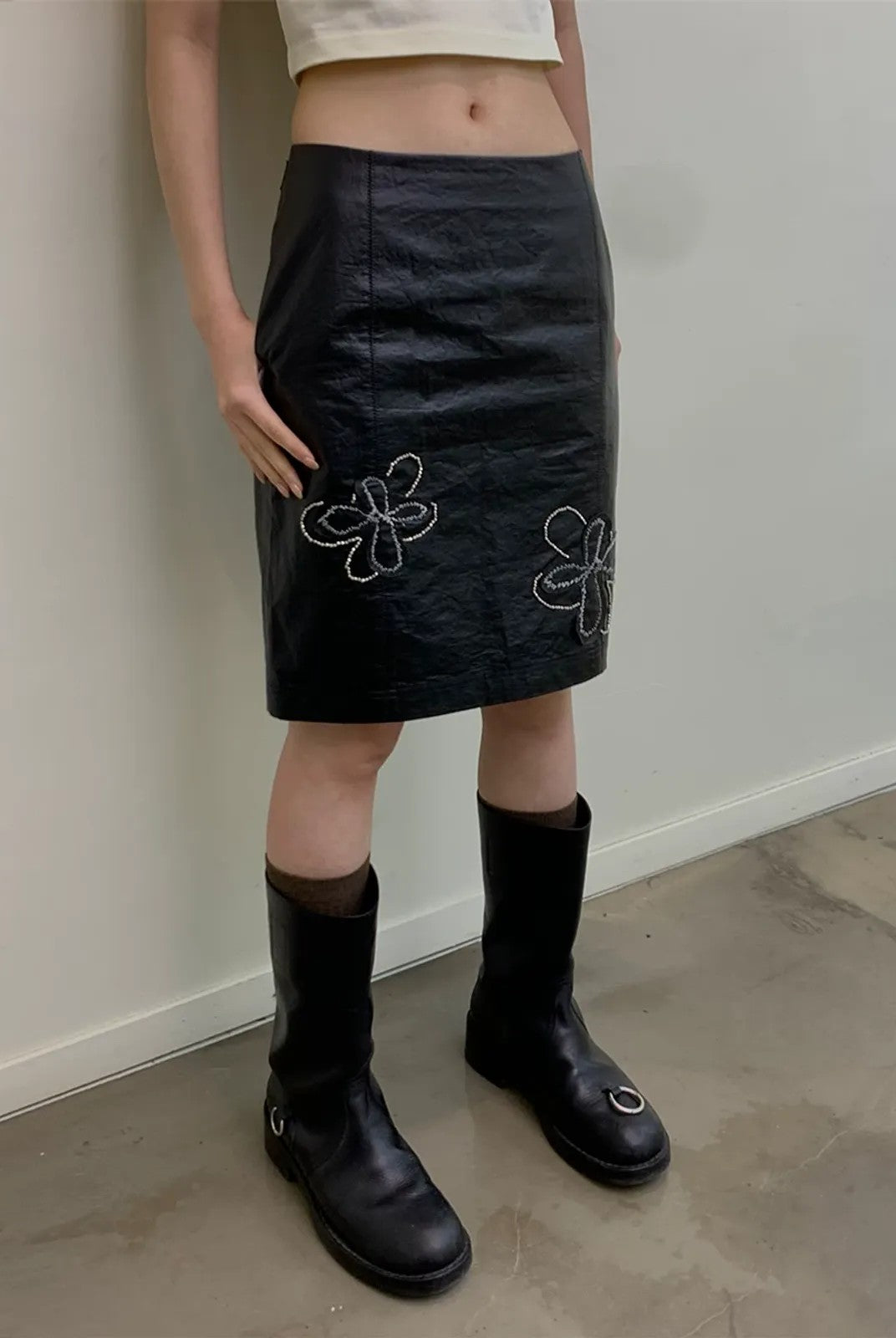 NeverSeez Beaded Floral Embroidered Coated Skirt in Black