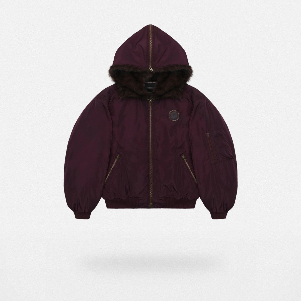 MASONPRINCE Faux Fur Hooded Puffer Bomber in Burgundy