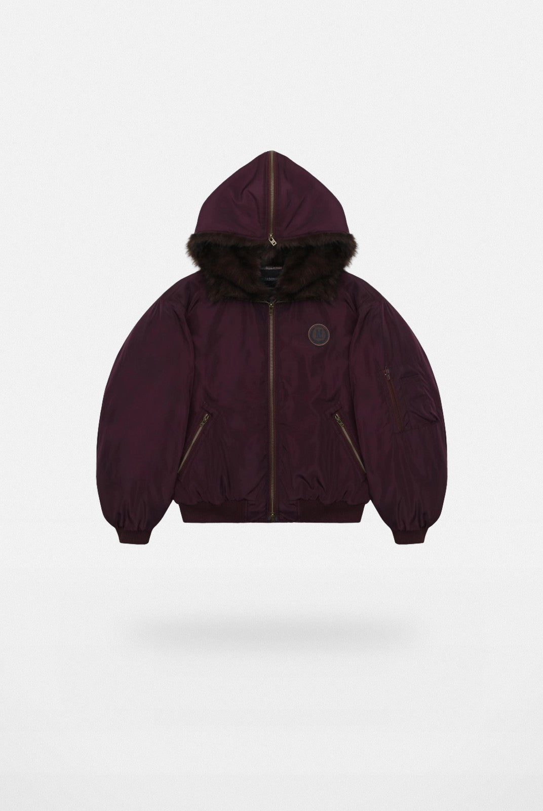 MASONPRINCE Faux Fur Hooded Puffer Bomber in Burgundy