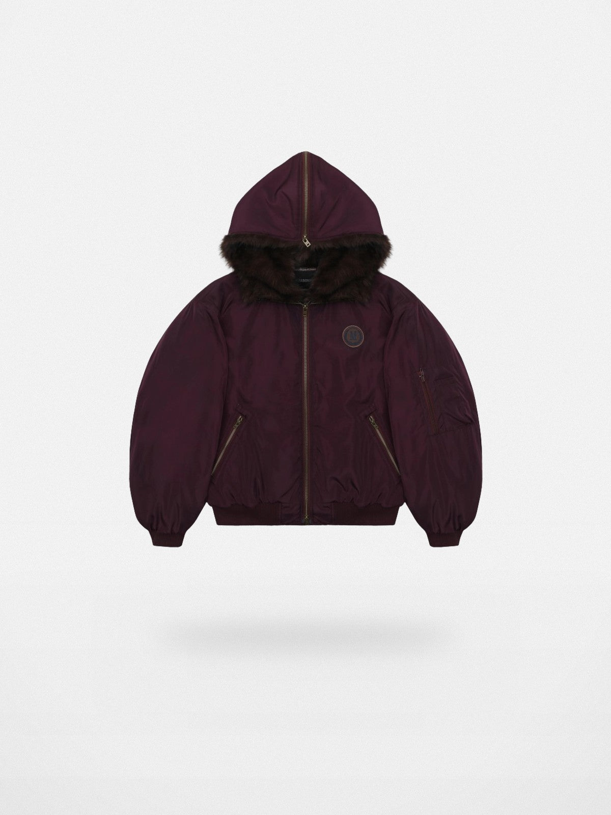 MASONPRINCE Faux Fur Hooded Puffer Bomber in Burgundy