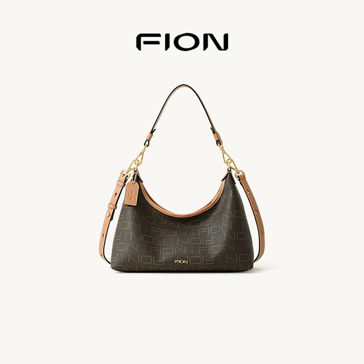 FION Monogram Crossbody Hobo Bag in Brown