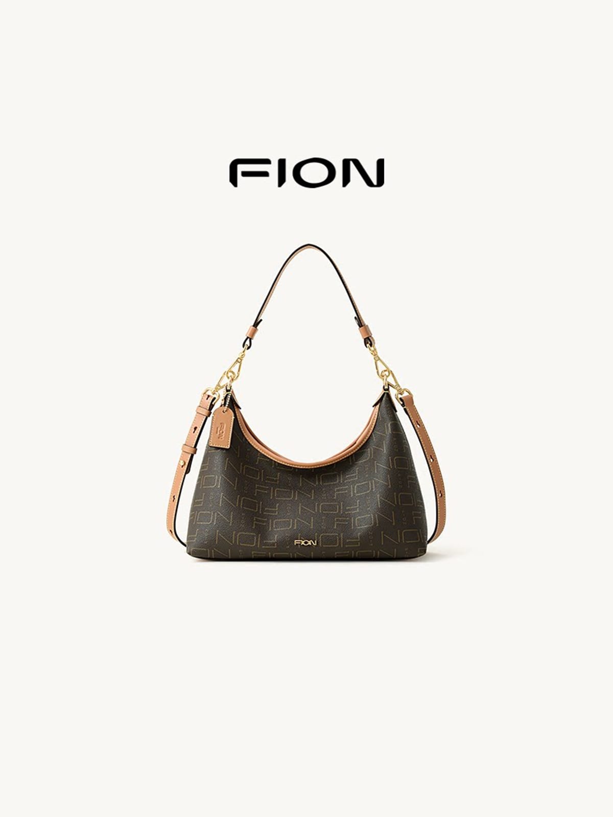 FION Monogram Crossbody Hobo Bag in Brown