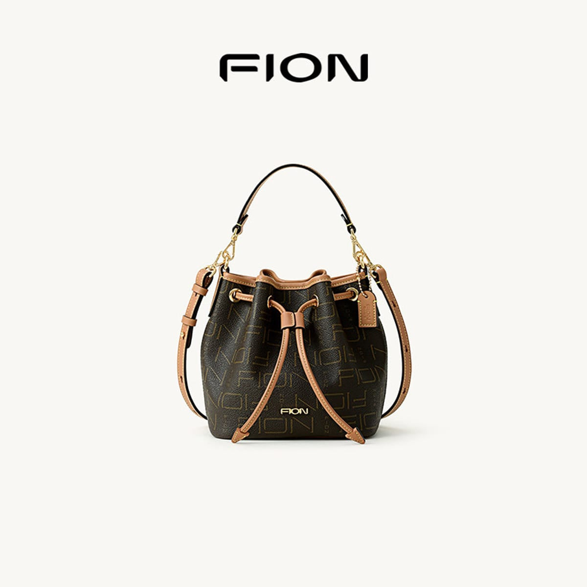 FION Monogram Canvas Drawstring Bucket Bag in Brown