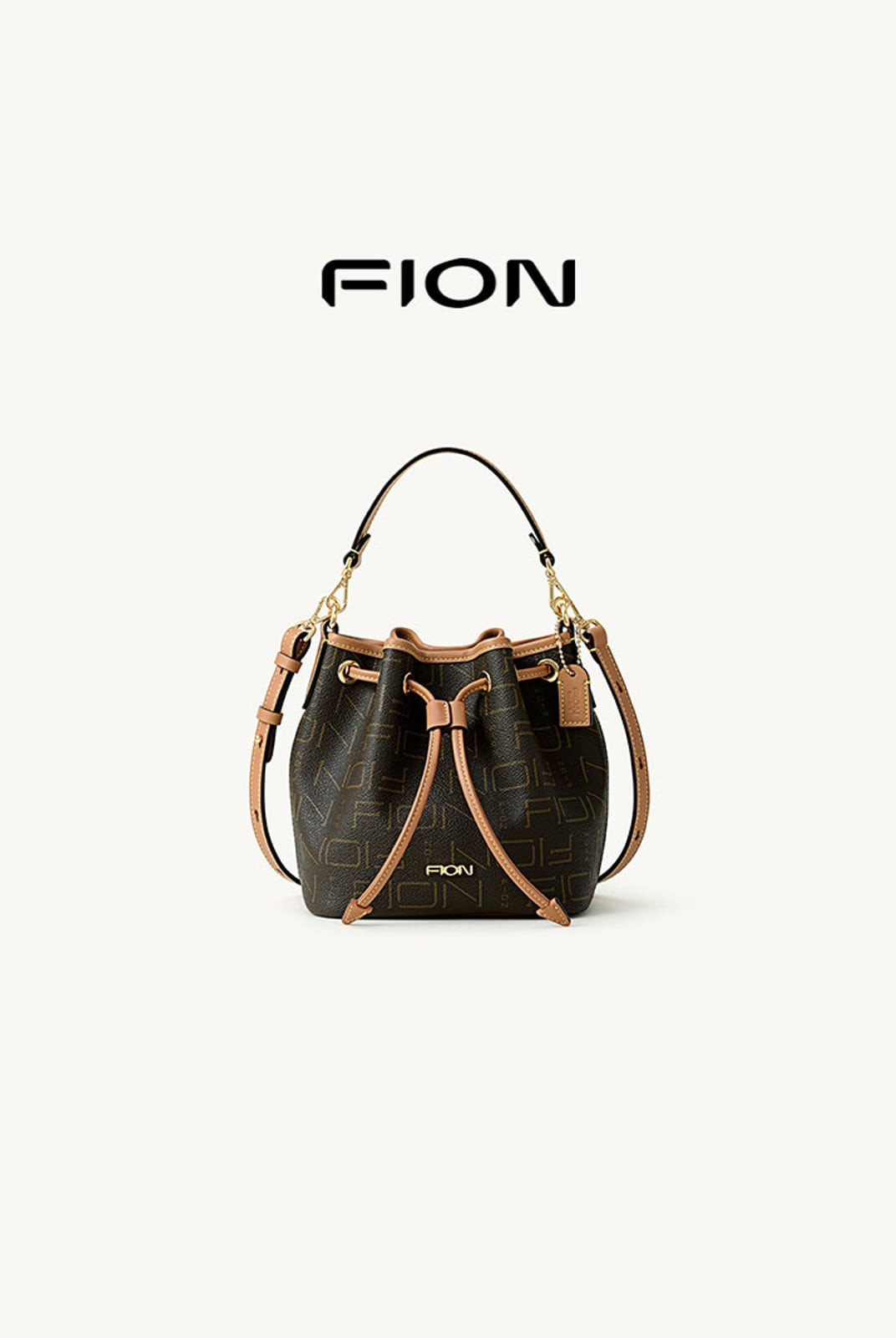 FION Monogram Canvas Drawstring Bucket Bag in Brown