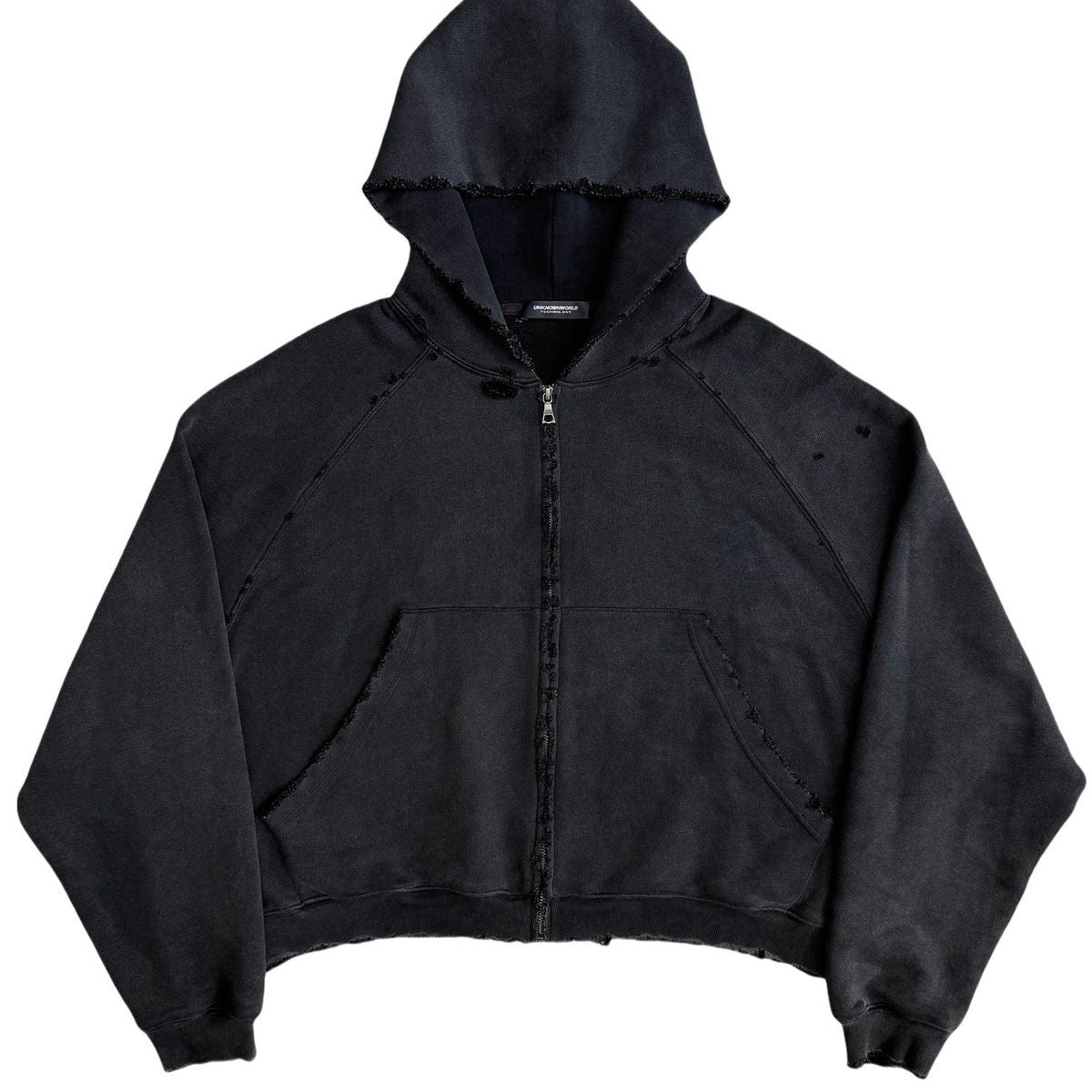 UNKNOWNWORLD Distressed Washed Zip Up Hoodie in Black