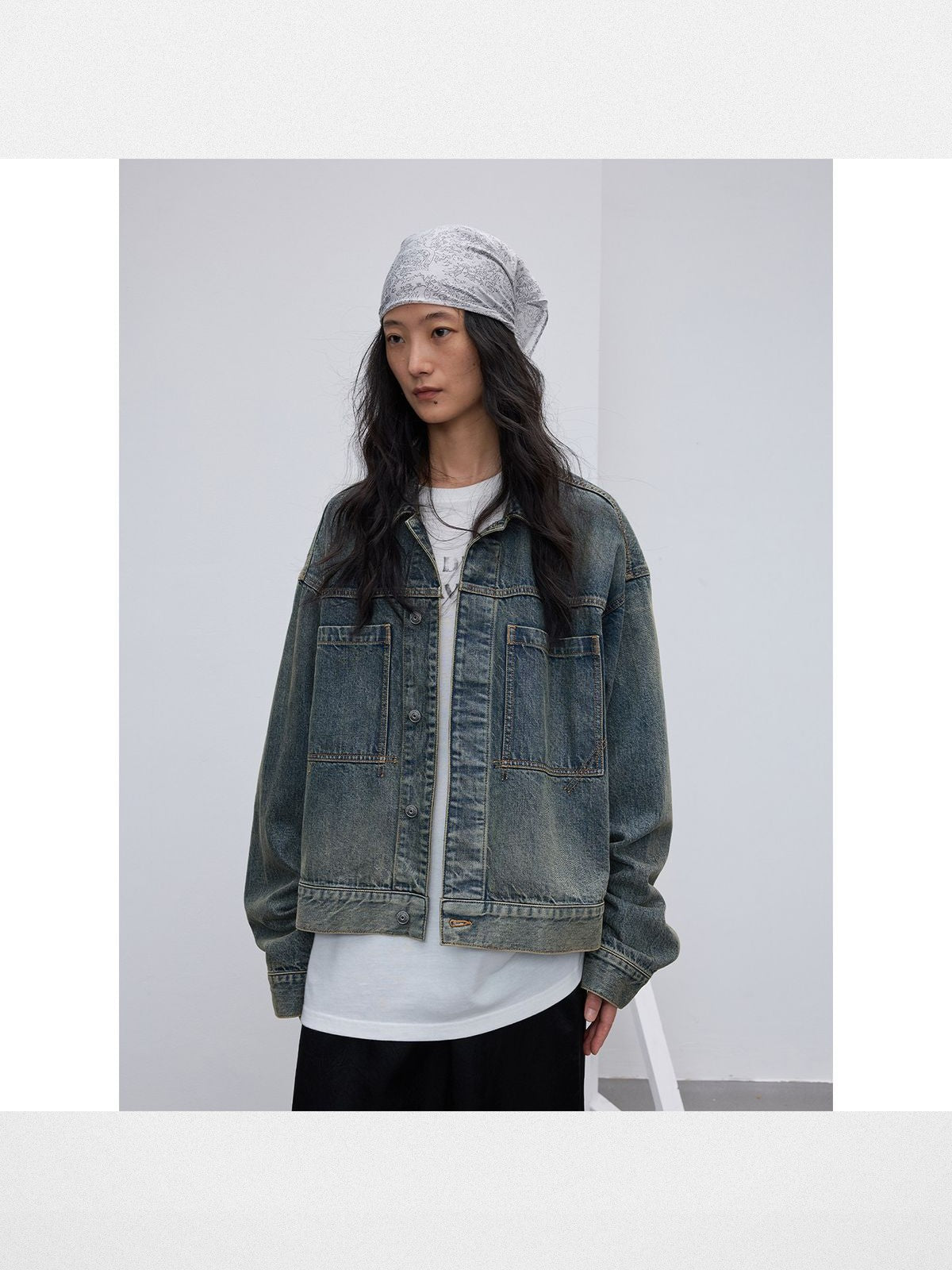 RandomPiece Vintage Wash Cropped Denim Jacket in Denim - On Model