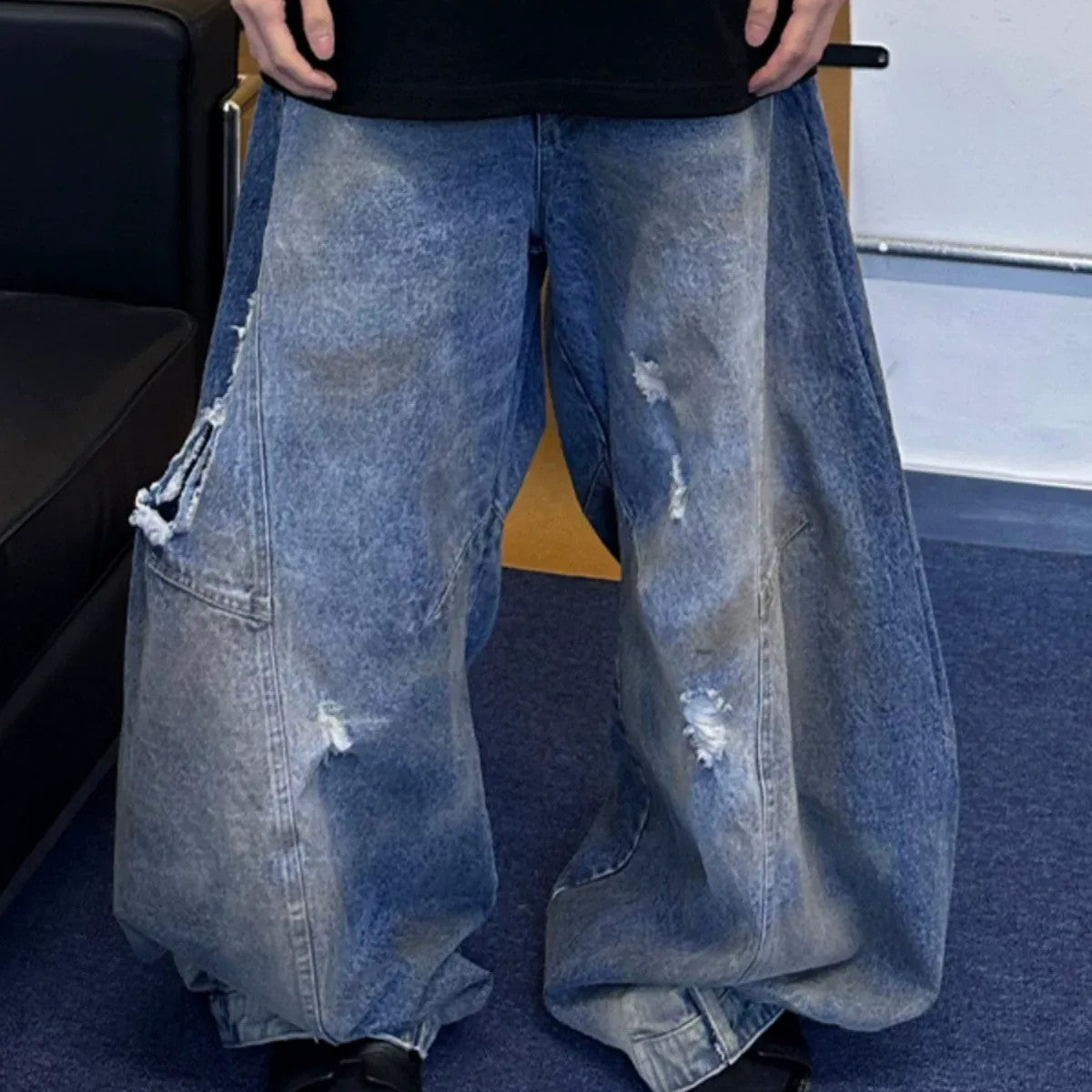 TRIANGLE PROJECT Distressed Dirty Dye Patchwork Jeans in Denim - On Model