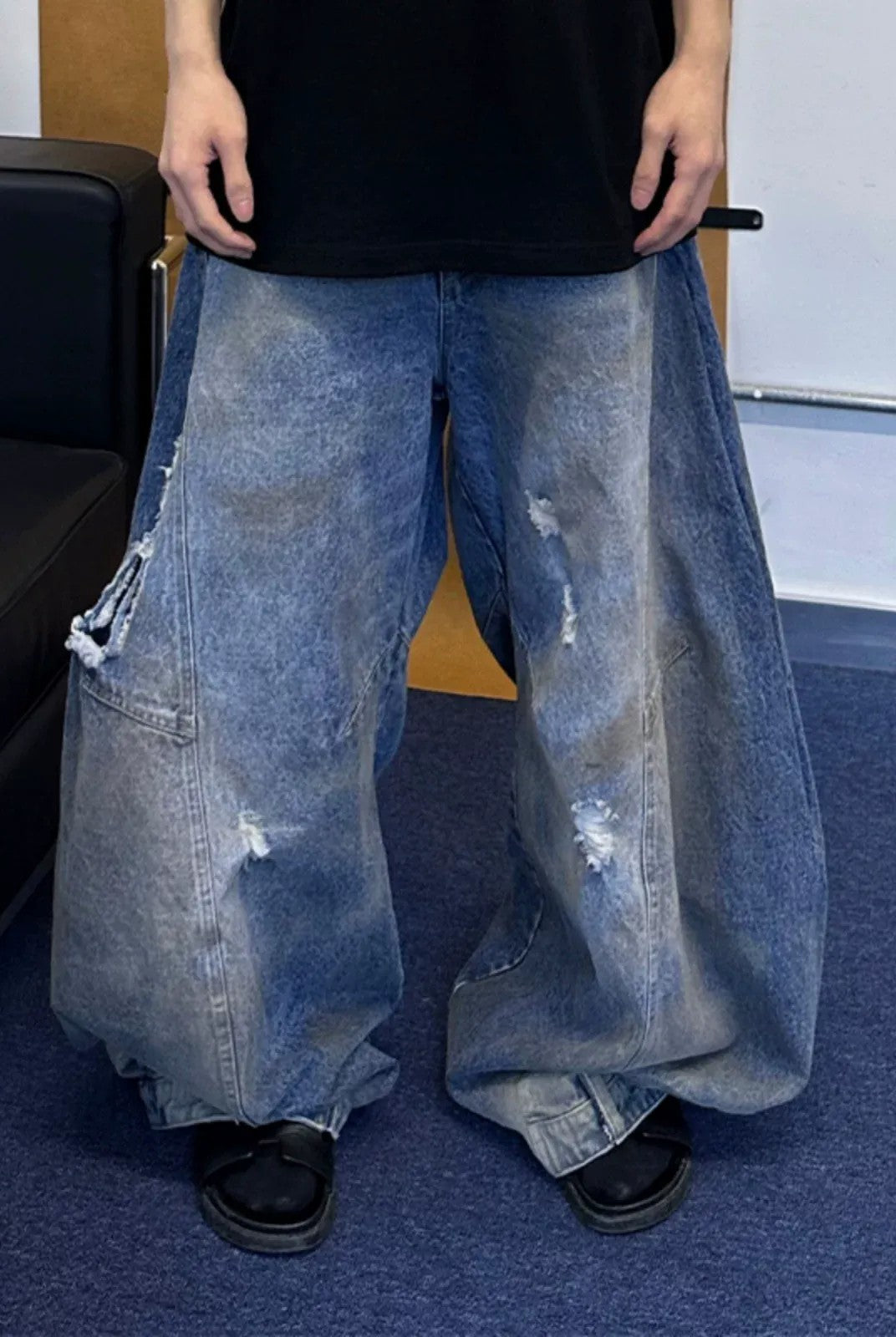 TRIANGLE PROJECT Distressed Dirty Dye Patchwork Jeans in Denim - On Model