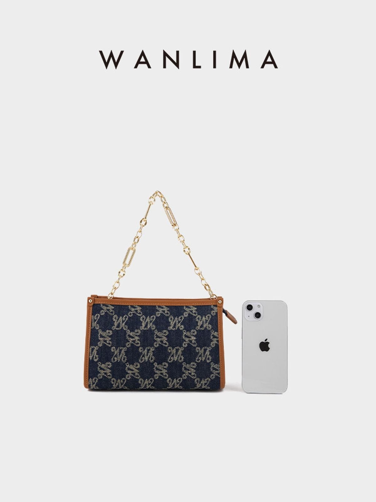 WANLIMA Monogram Denim Chain Crossbody Bag in Denim