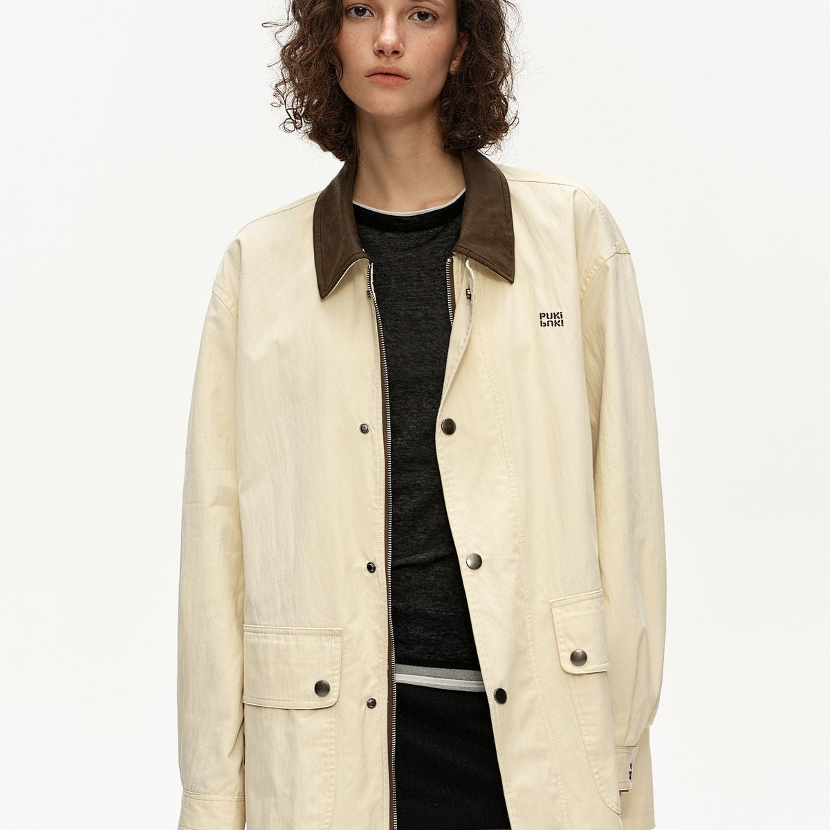 PUKI Contrast Collar Barn Jacket in Khaki - On Model