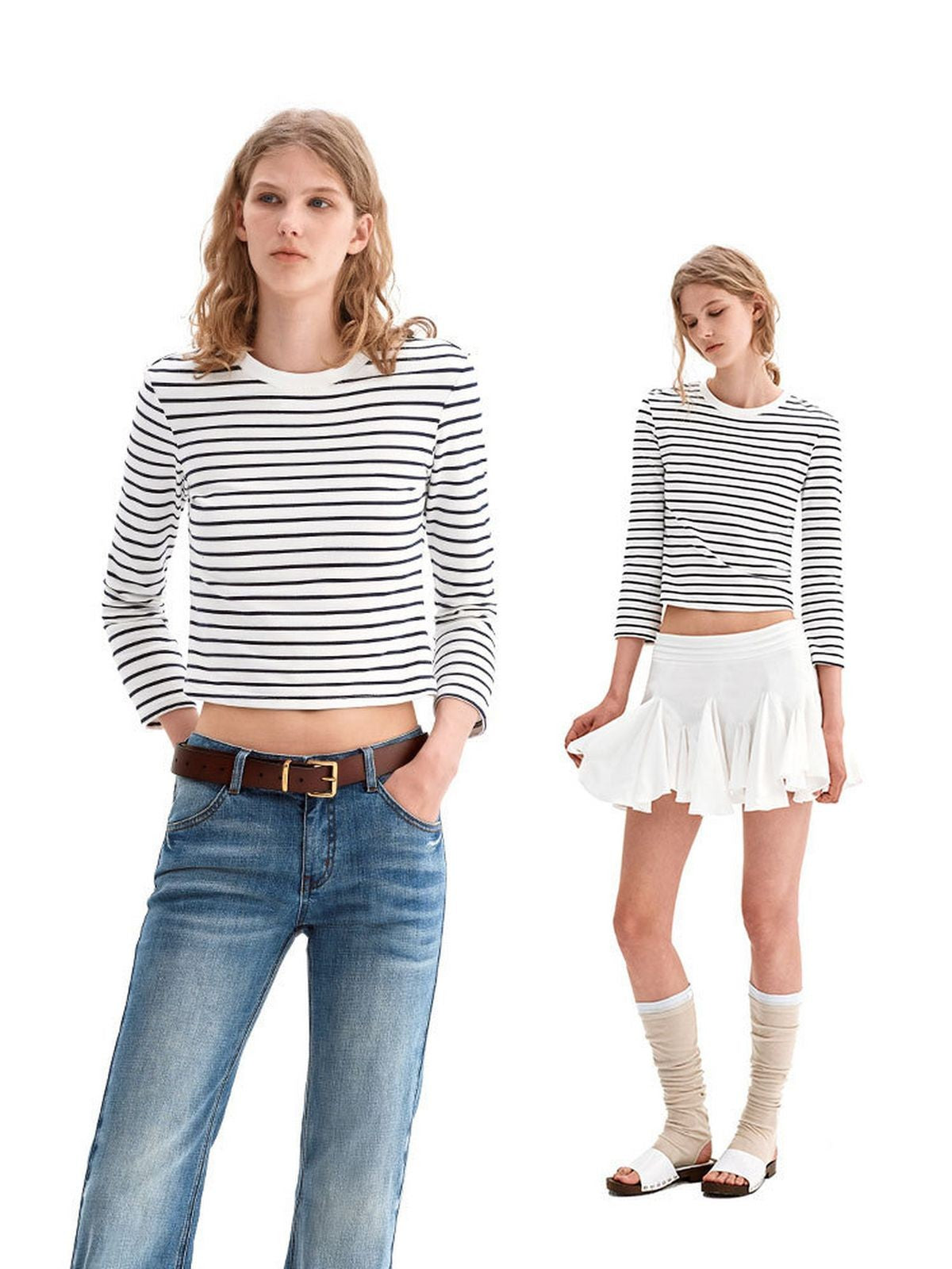 PUKI Striped Half Sleeve Cropped T Shirt in White - On Model