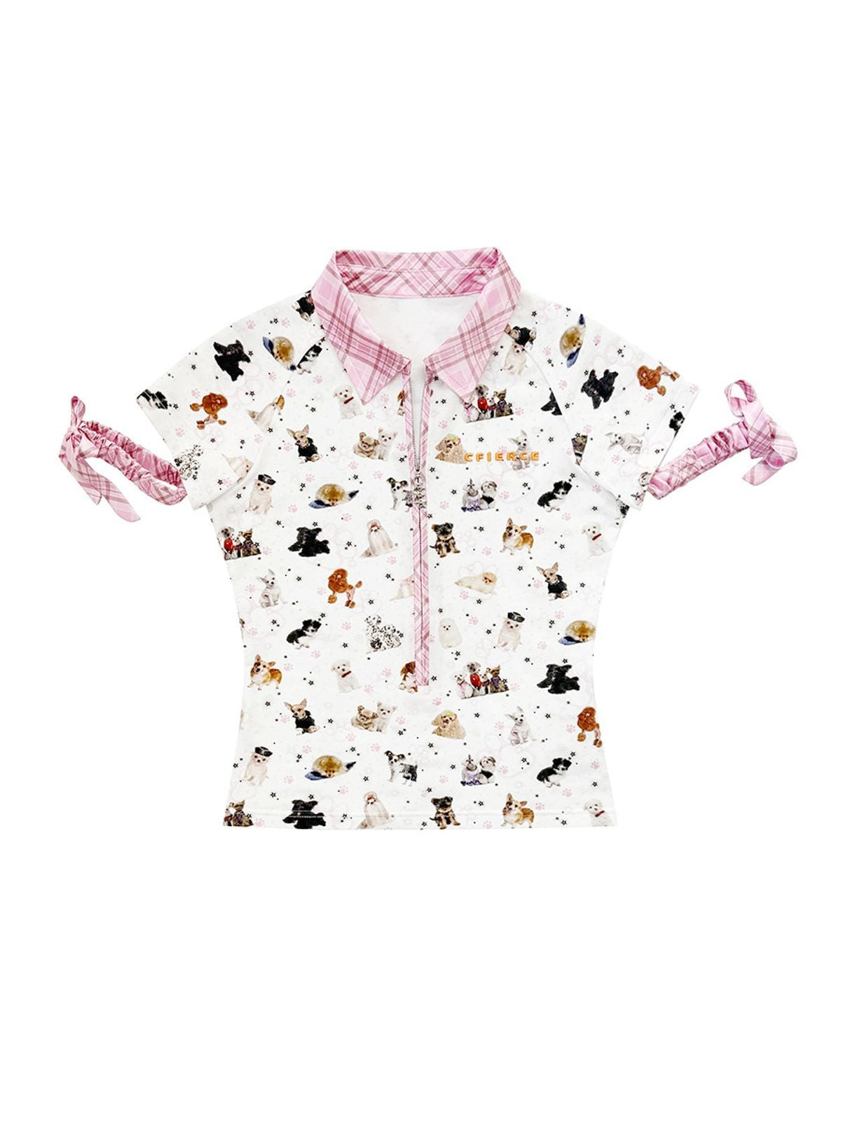CFIERCE Dog Print Zip Front Polo in White