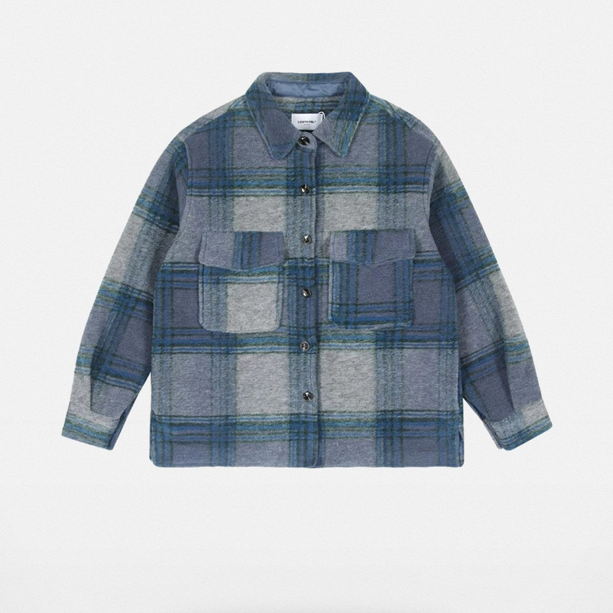 LOSTCTRL Brushed Plaid Shirt Jacket in Blue